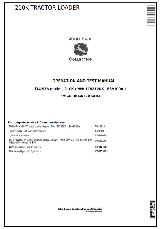 TM12985 John Deere 210K Tractor Loader Operation & Test Manual