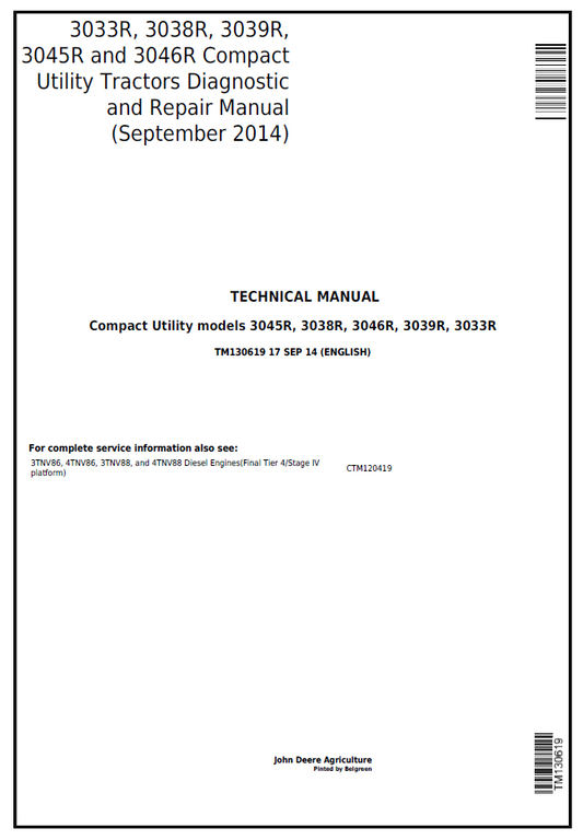 TM130619 John Deere 3033R 3038R 3039R 3045R 3046R Repair Manual
