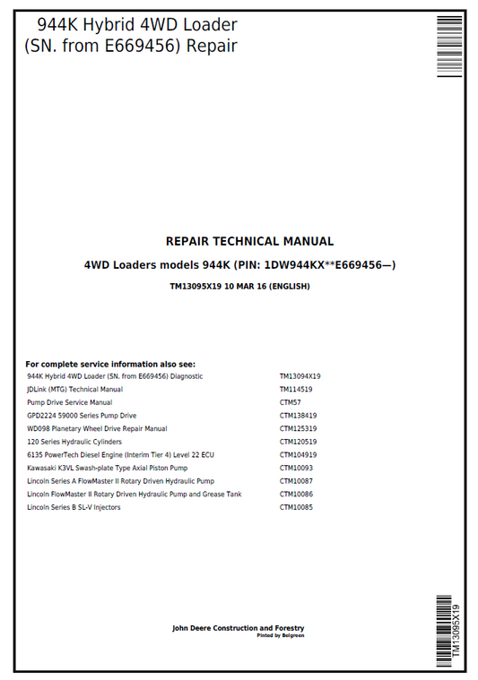 TM13095X19 John Deere 944K Hybrid 4WD Loader Repair Technical Manual