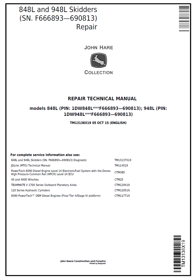 TM13138X19 John Deere 848L 948L Skidder Repair Technical Manual
