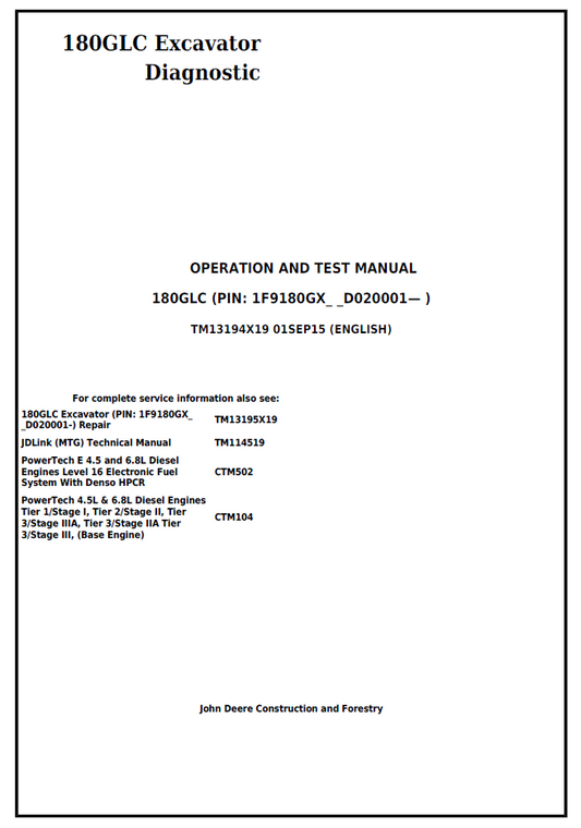 TM13194X19 John Deere 180GLC Excavator Diagnostic Operation Test Manual
