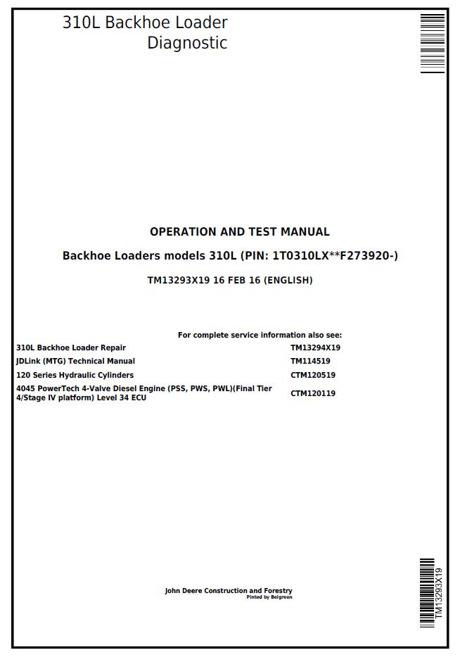 TM13293X19 John Deere 310L Backhoe Loader Diagnostic Operation & Test Manual