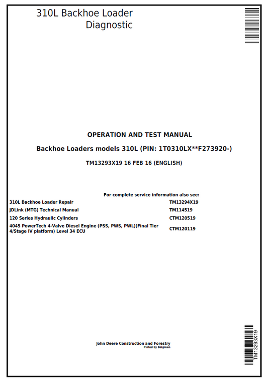 TM13293X19 John Deere 310L Backhoe Loader Diagnostic Operation & Test Manual