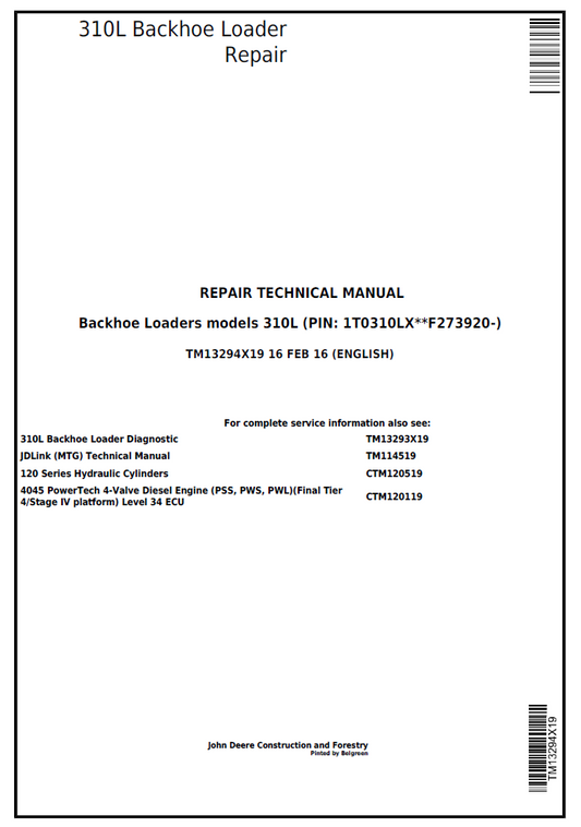 TM13294X19 John Deere 310L Backhoe Loader Repair Technical Manual