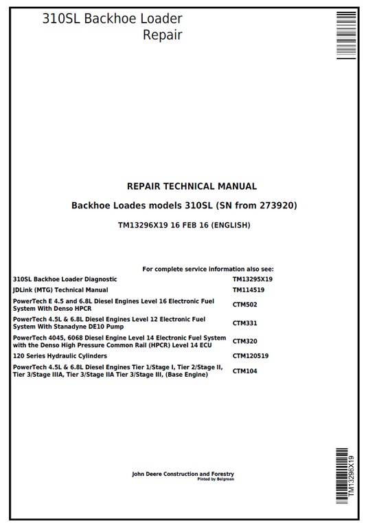 TM13296X19 John Deere 310SL Backhoe Loader Repair Technical Manual