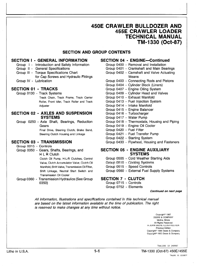 TM1330 John Deere 450E Bulldozer 455E Loader Repair Manual