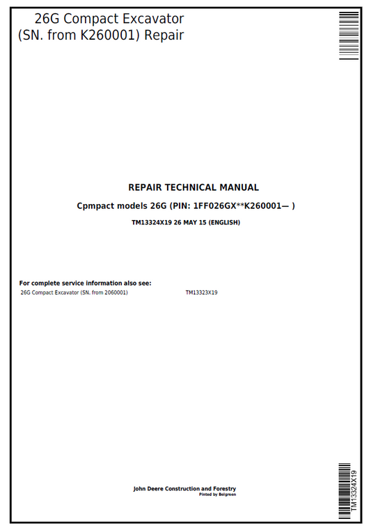 TM13324X19 John Deere 26G Compact Excavator Repair Technical Manual
