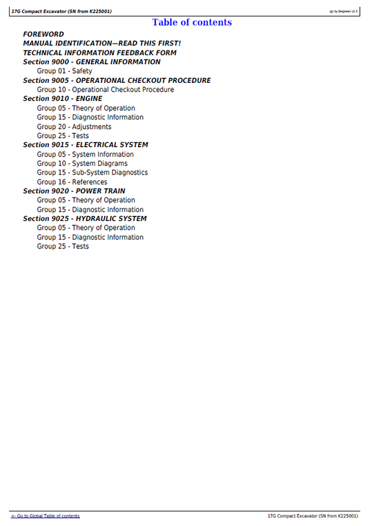 TM13325X19 John Deere 17G Excavator Operation, Diagnostic and Repair Manual