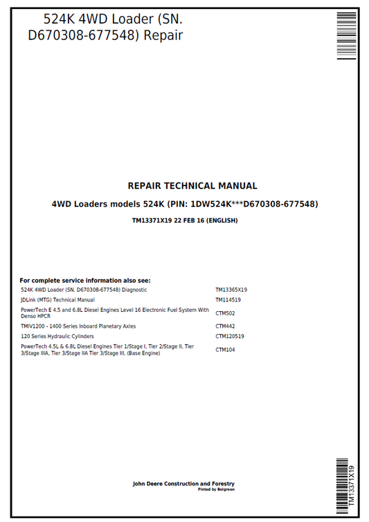 TM13371X19 John Deere 524K 4WD Loader Service Repair Manual