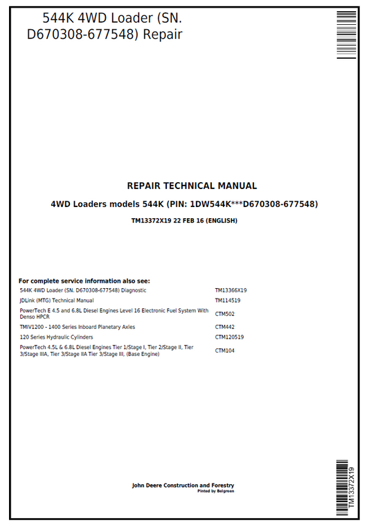 TM13372X19 John Deere 544K 4WD Loader Repair Technical Manual