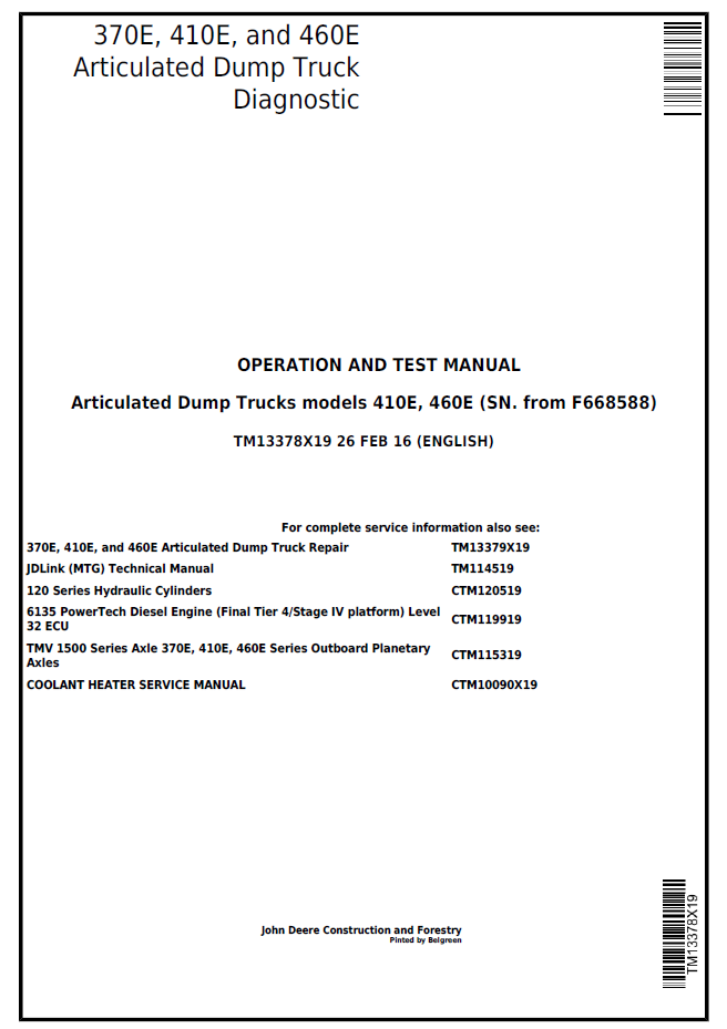 TM13378X19 John Deere 370E 410E 460E Articulated Dump Truck Diagnostic Manual