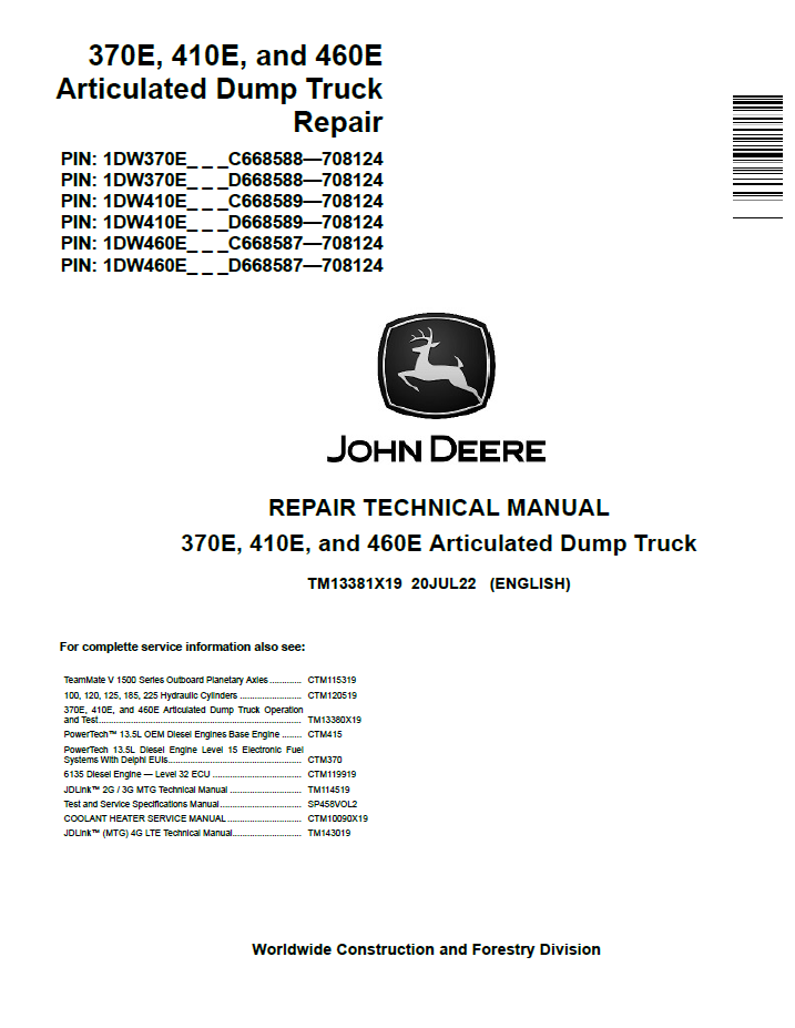 TM13381X19 John Deere 370E 410E 460E Articulated Dump Truck Repair Manual