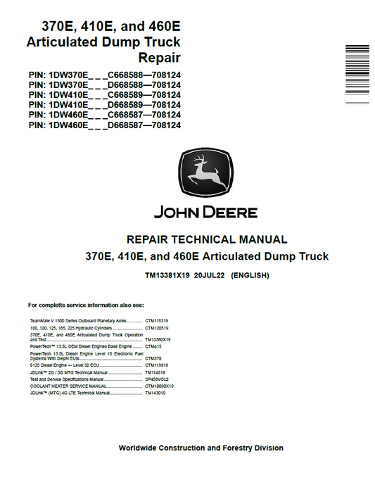 TM13381X19 John Deere 370E 410E 460E Articulated Dump Truck Repair Manual