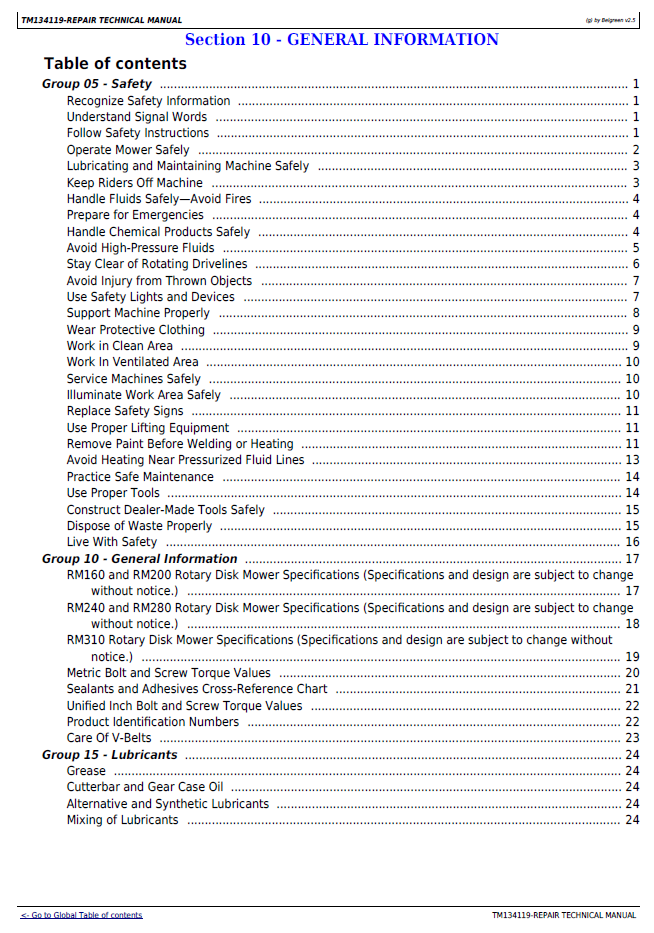 TM134119 John Deere Rotary Disk Mower Diagnostic & Maintenance Manual