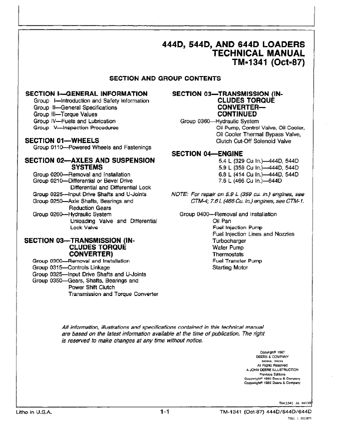 TM1341 John Deere 444D-644D Wheel Loader Service Repair Manual