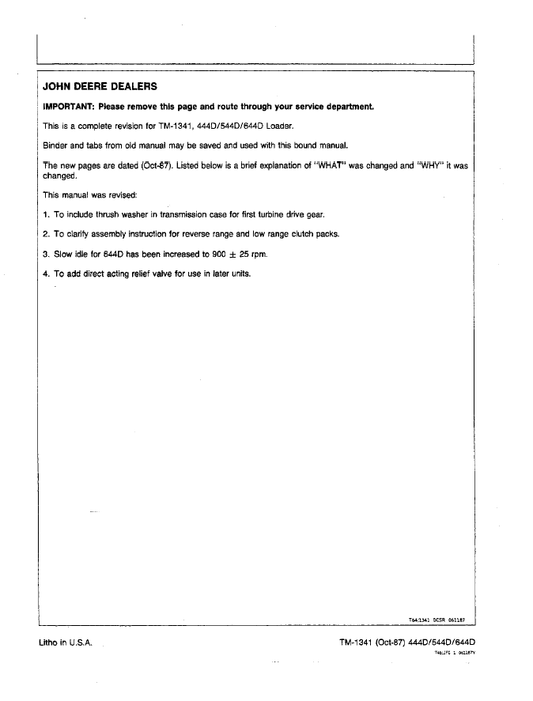 TM1341 John Deere 444D 544D 644D Technical Service Test Manual
