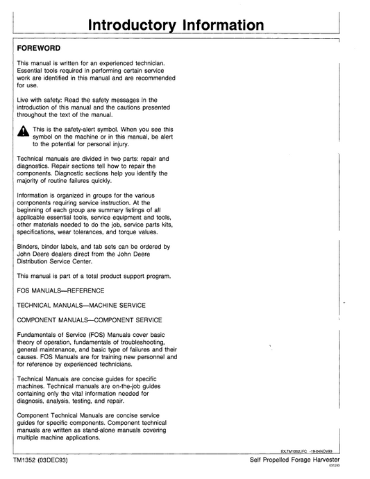 TM1352 John Deere 5730-5830 Forage Harvester Repair Technical Manual