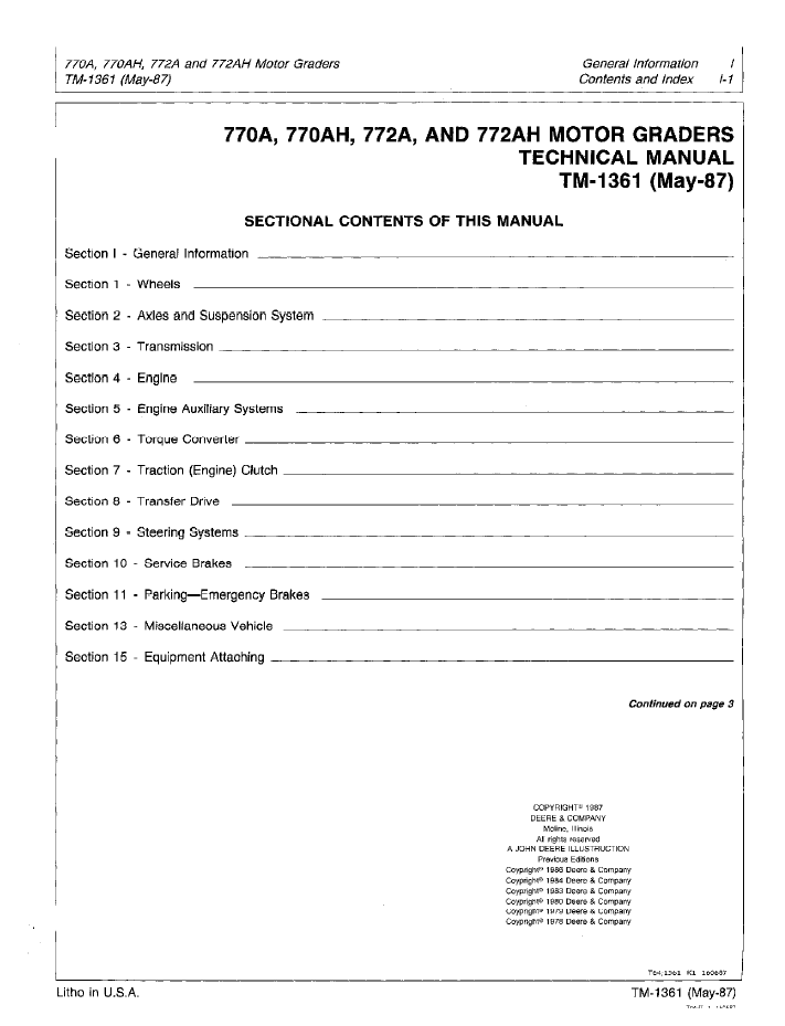 TM1361 John Deere 770A 770AH 772A 772AH Grader Repair Manual