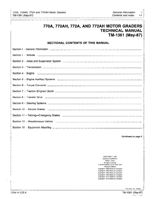 TM1361 John Deere 770A 770AH 772A 772AH Grader Repair Manual