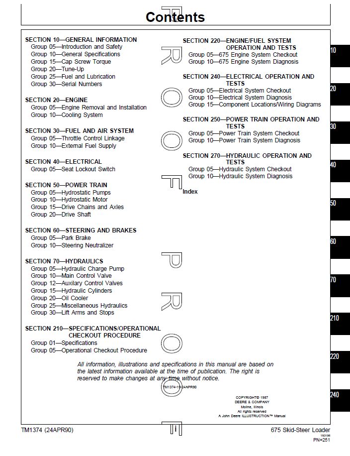 TM1374 John Deere Skid Steer Loader Service & Repair Manual 675 Series