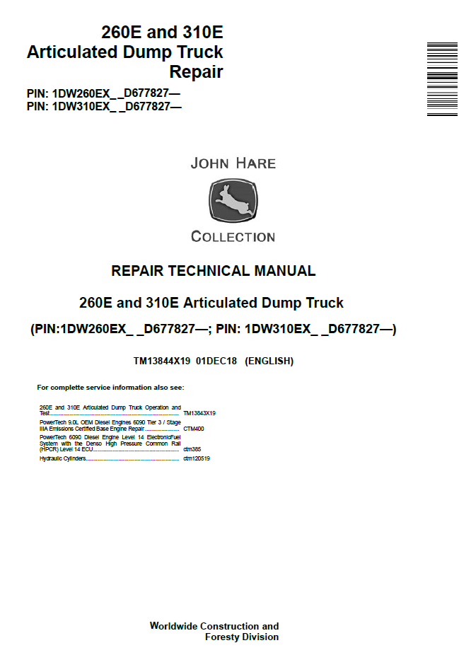 TM13844X19 John Deere 260E 310E Articulated Dump Truck Repair Manual