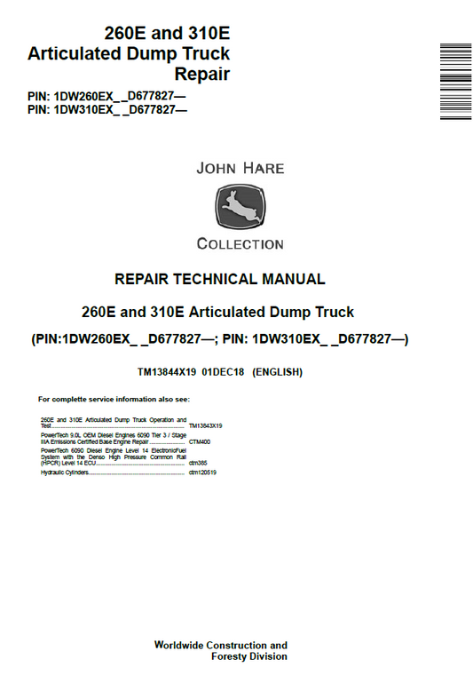 TM13844X19 John Deere 260E 310E Articulated Dump Truck Repair Manual