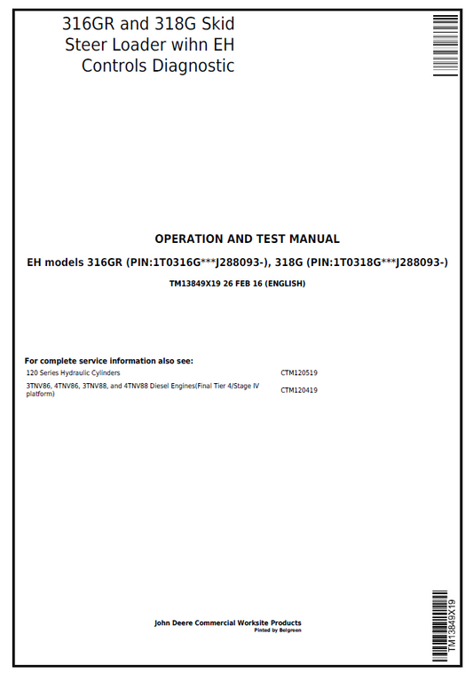 TM13849X19 John Deere 316GR & 318G EH Controls Skid Steer Diagnostic Manual