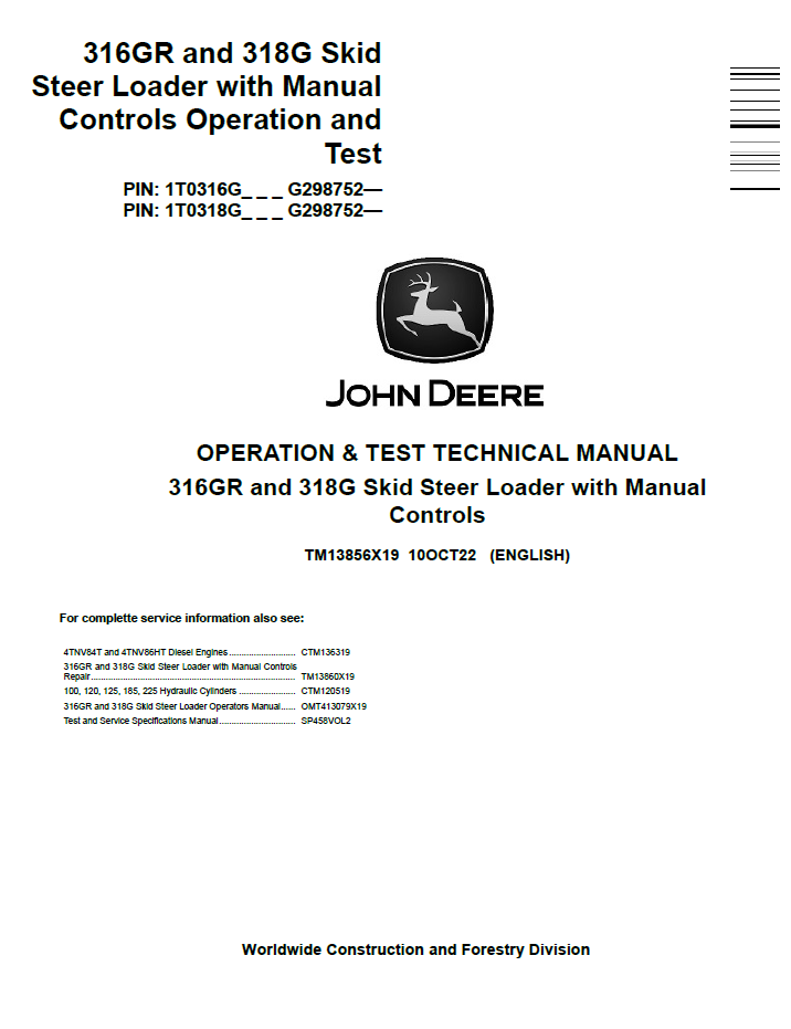 TM13856X19 John Deere 316GR & 318G Skid Steer Loader Diagnostic Manual