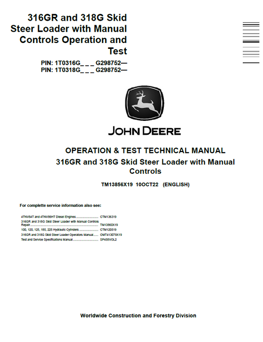 TM13856X19 John Deere 316GR & 318G Skid Steer Loader Diagnostic Manual