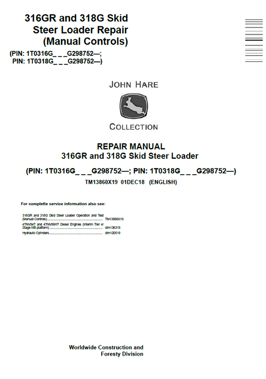 TM13860X19 John Deere 316GR & 318G Skid Steer Manual Control Repair Manual
