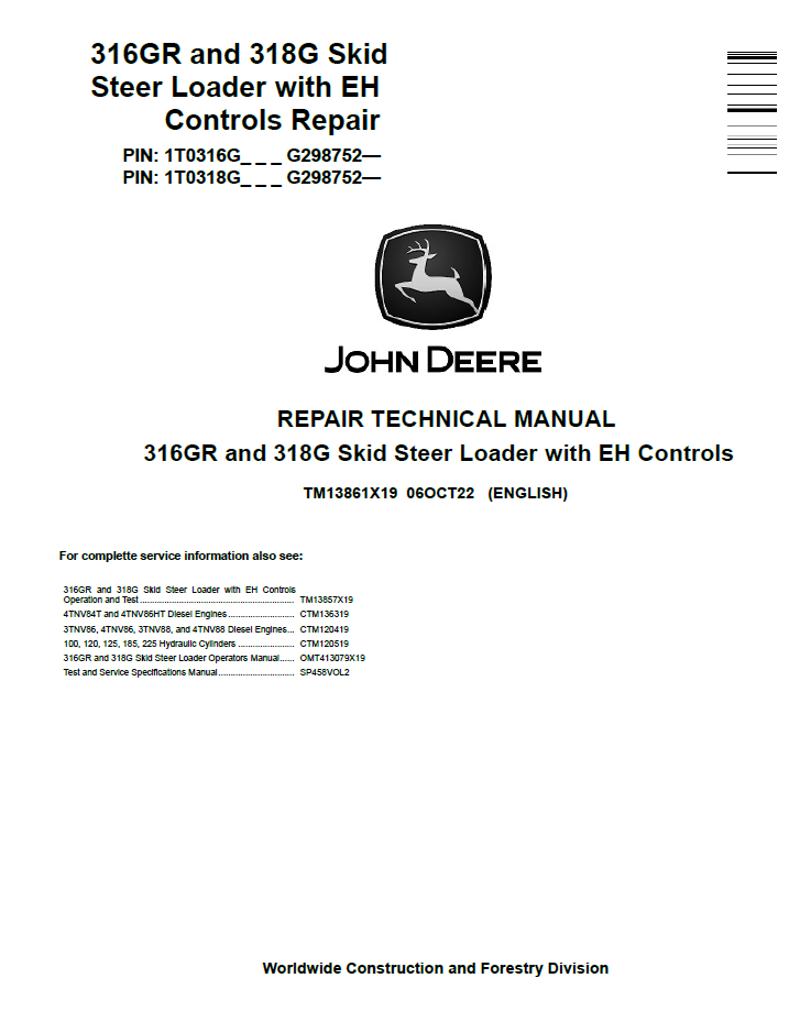 TM13861X19 John Deere 316GR & 318G Skid Steer Loader EH Controls Repair Manual