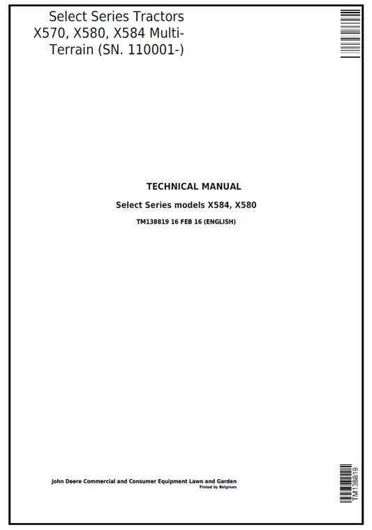 TM138819 John Deere X570 X580 X584 Select Series Technical Manual