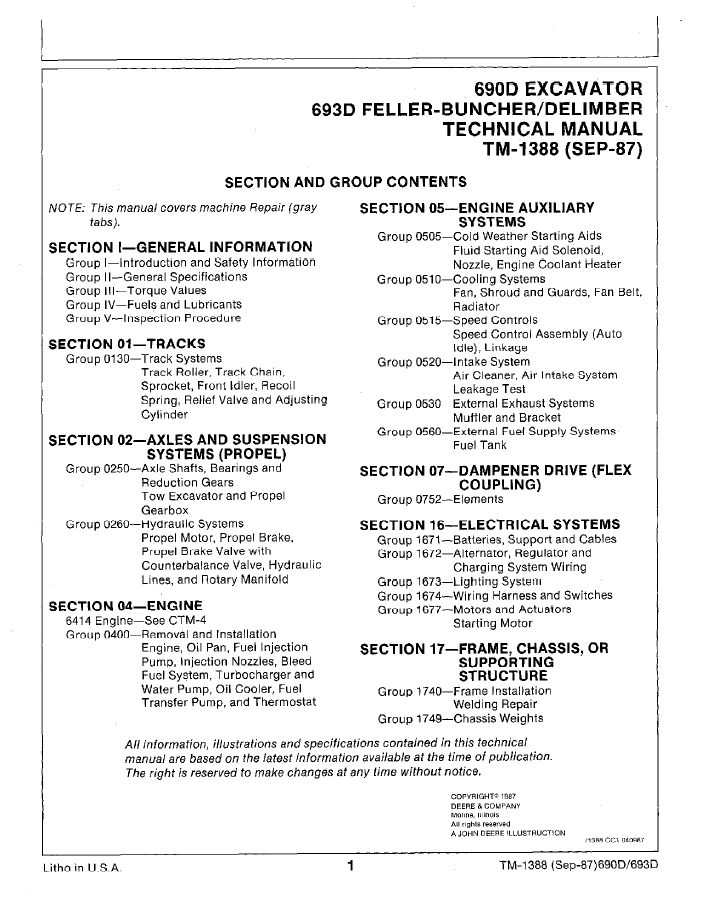 TM1388 John Deere 690D & 693D Repair Technical Service Manual