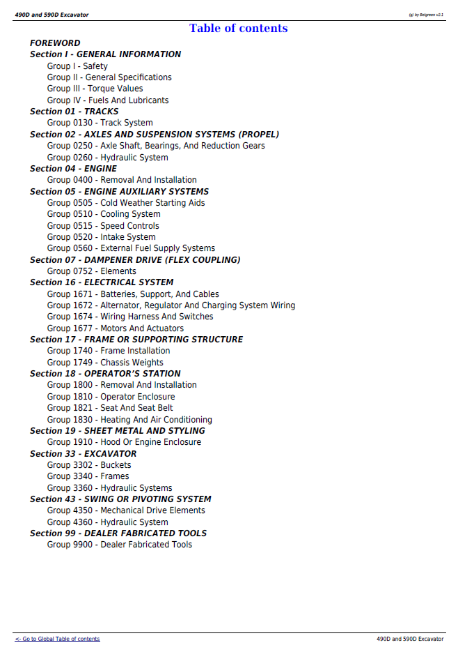 TM1390 John Deere 490D 590D Excavator Service Manual PDF Download
