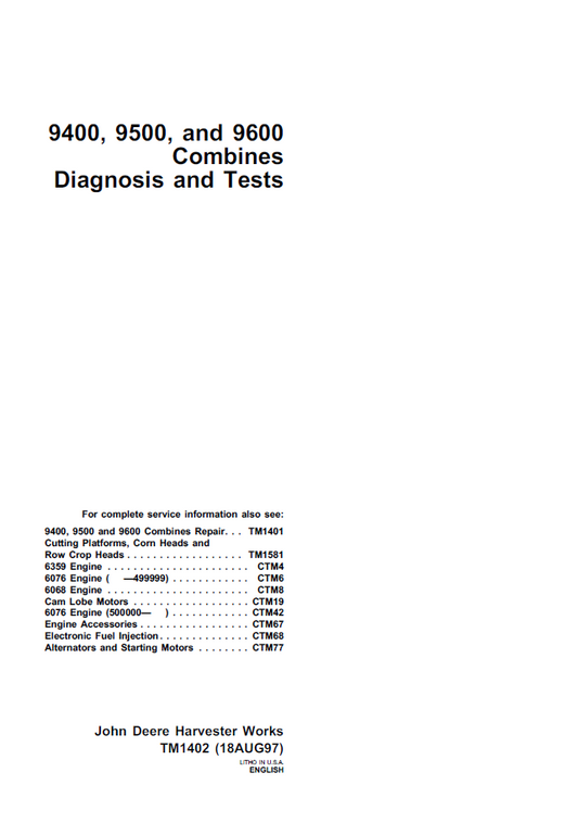 TM1402 John Deere 9400 9500 9600 Combine Diagnosis Manual