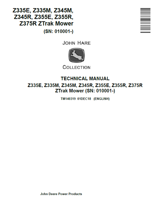 TM140319 John Deere ZTrak Z335E Z335M Z345M Z355R Z375R Manual