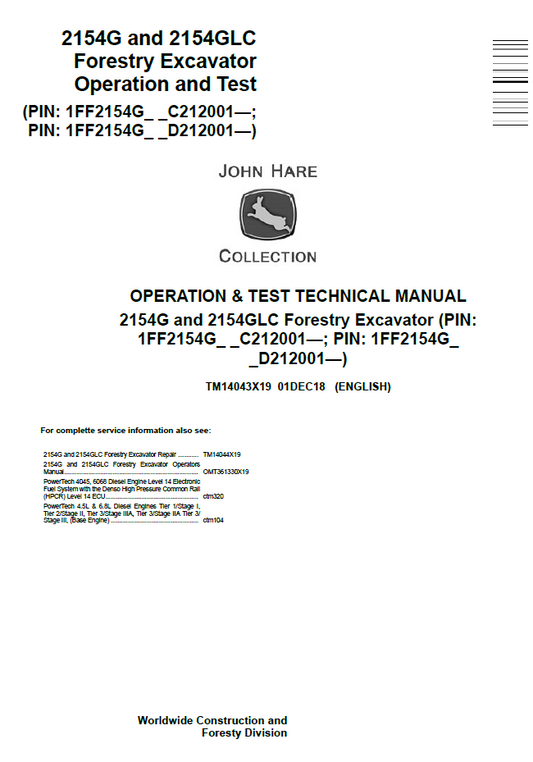 TM14043X19 John Deere 2154G 2154GLC Forestry Excavator Operation & Test Manual