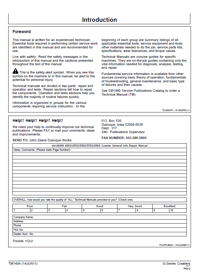 TM1404 John Deere Crawler Repair Technical Manual for 450G-650G Series