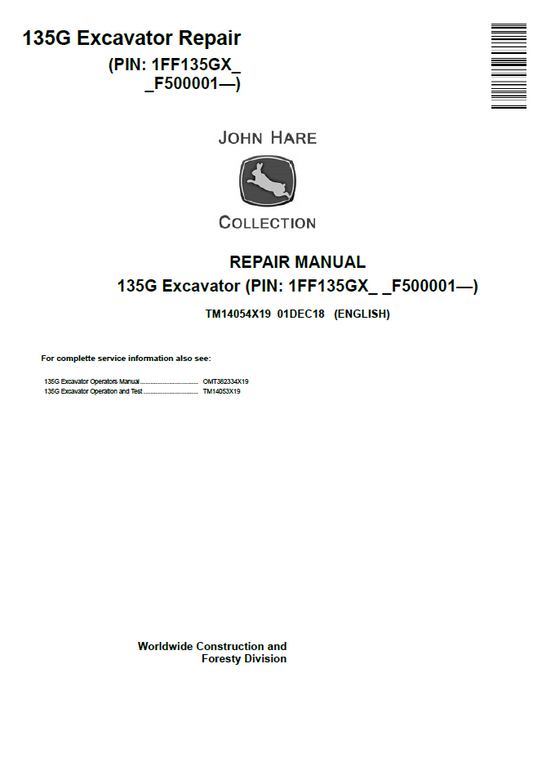 TM14054X19 John Deere 135G Excavator Repair Technical Manual