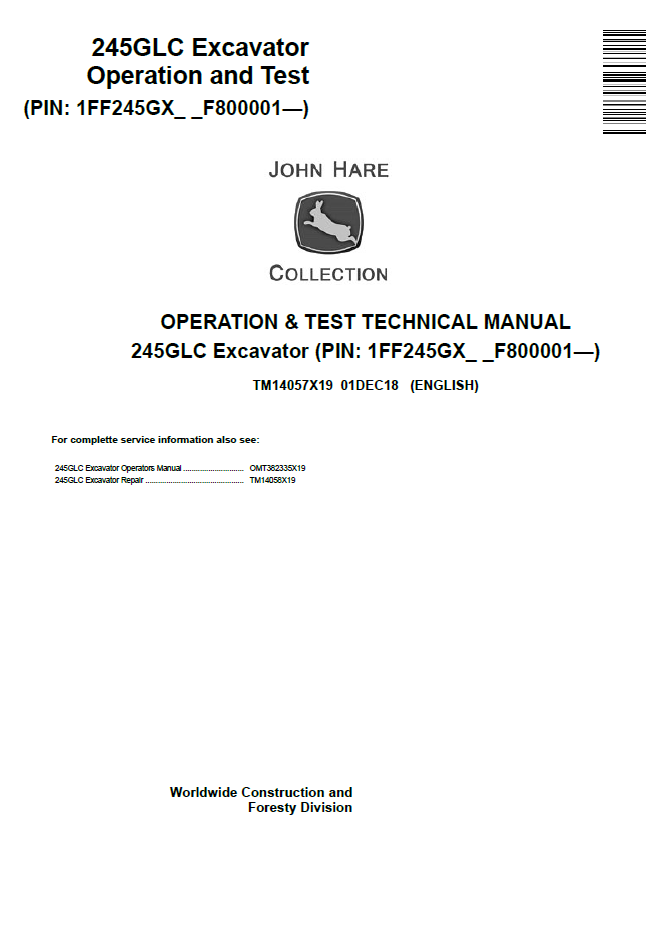 TM14057X19 John Deere 245GLC Excavator Operation & Test Technical Manual
