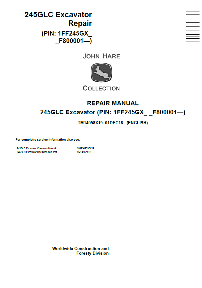 TM14058X19 John Deere 245GLC Excavator Repair Technical Manual