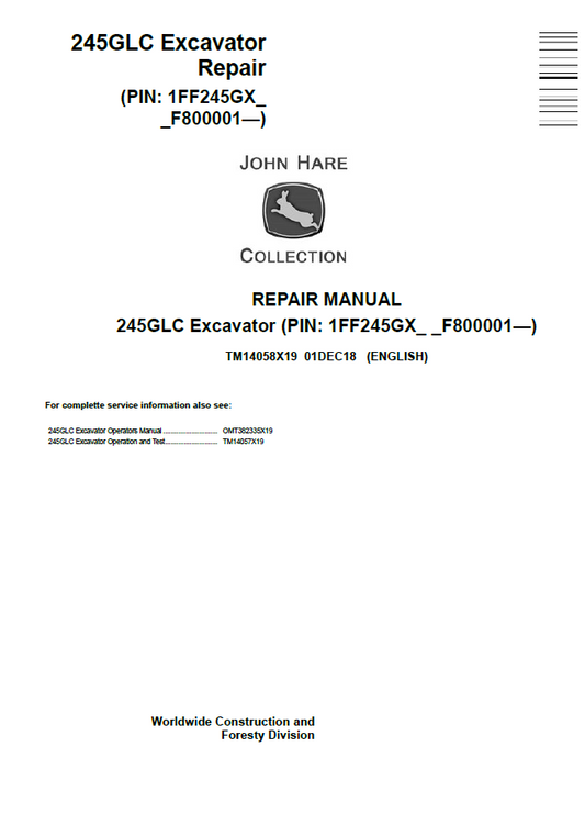 TM14058X19 John Deere 245GLC Excavator Repair Technical Manual
