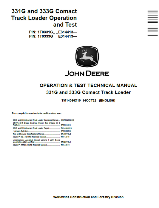 TM14066X19 John Deere 331G 333G Compact Track Loader Operation Test Manual