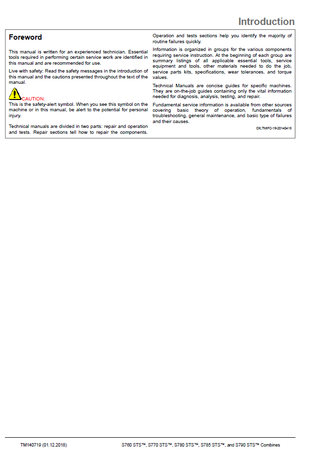 TM140719 John Deere STS Combine Diagnostic & Troubleshooting Manual
