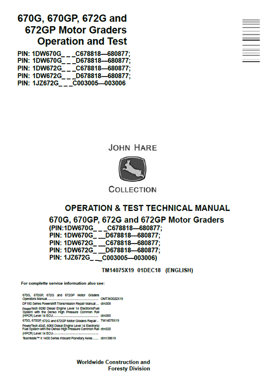 TM14075X19 John Deere 670G 670GP 672G 672GP Motor Grader Manual
