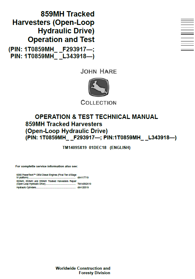 TM14095X19 John Deere 859MH Tracked Harvester Operation & Test Manual
