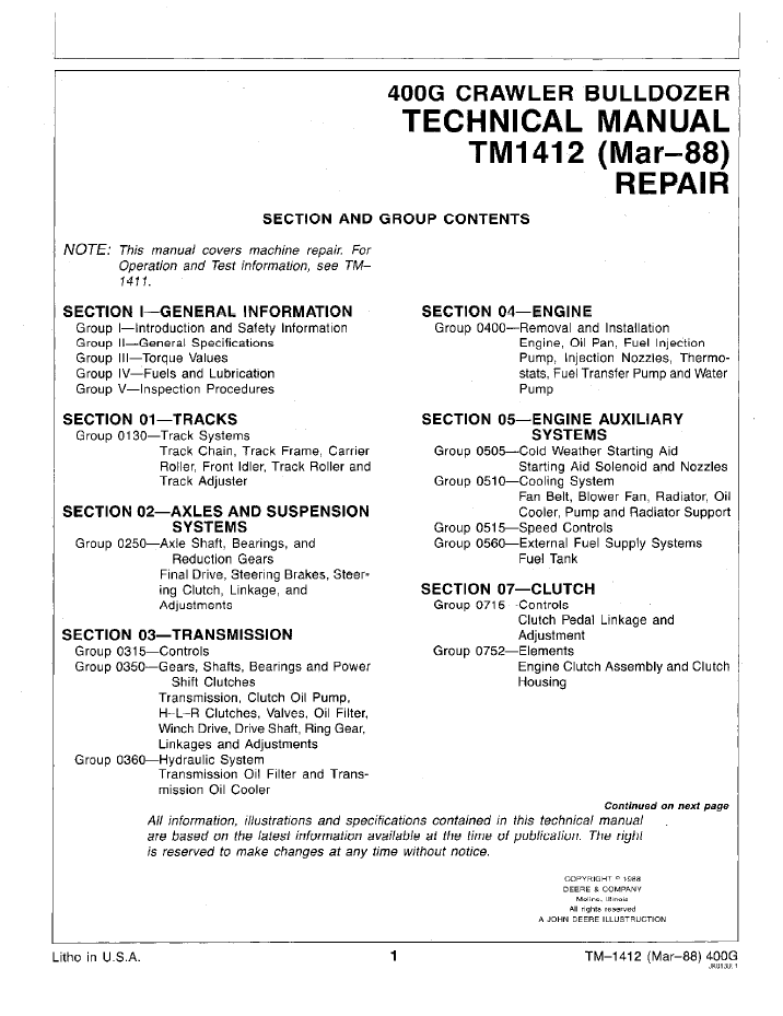 TM1412 John Deere 400G Crawler Bulldozer Service & Repair Manual