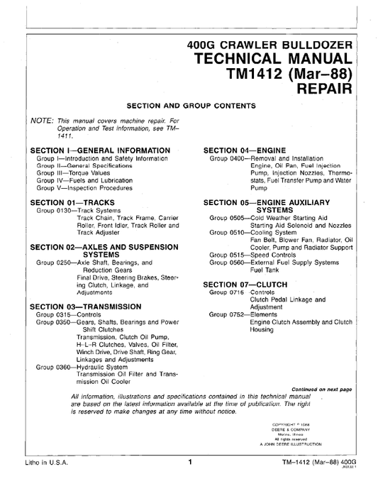 TM1412 John Deere 400G Crawler Bulldozer Service & Repair Manual