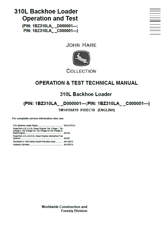 TM14156X19 John Deere 310L Backhoe Loader Operation & Test Manual