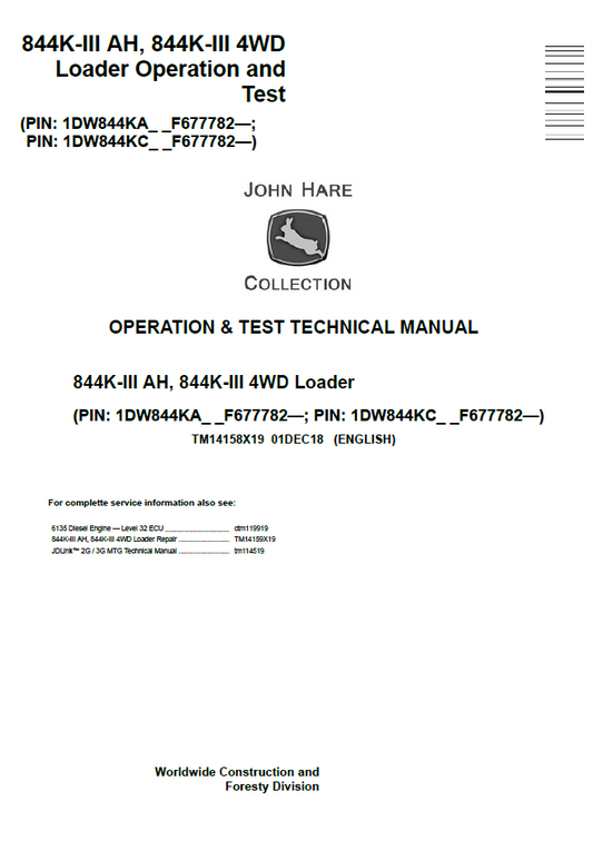 TM14158X19 John Deere 844K-III AH & 844K-III 4WD Loader Operation Test Manual